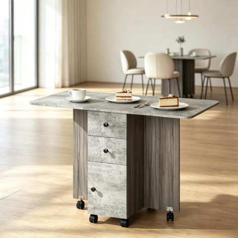Table extensible de salle à manger pliante 120 x 60 x 76,5 cm avec tiroirs et roulettes, gris HAVRYA (1/5)