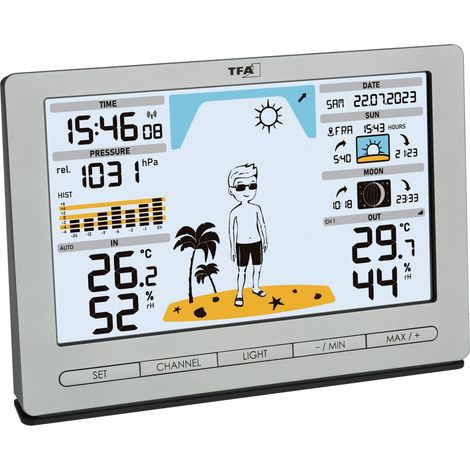 TFA Dostmann Estación meteorológica inalámbrica METEO JACK 35.1097.01, incluye transmisor exterior, con previsión meteorológica, presión atmosférica, fase lunar, reloj de radio, color plateado