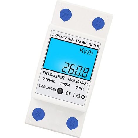 Medidor de energía eléctrica monofásico para carril DIN de 220 V, modelo DDSU1897 en ABS, 5(80) A con pantalla LCD retroiluminada y medición multifunción. (1/5)