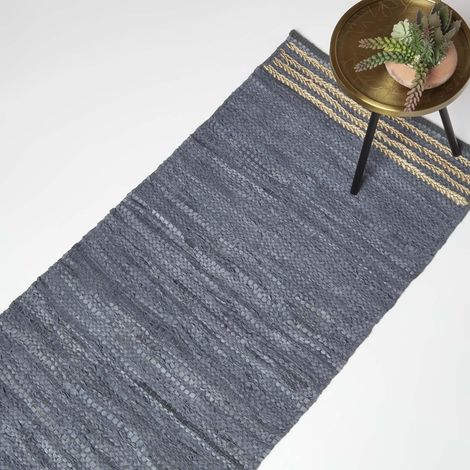 HOMESCAPES Leder Teppichläufer grau mit Streifen, 66 x 200 cm – Teppich aus Recycling-Leder