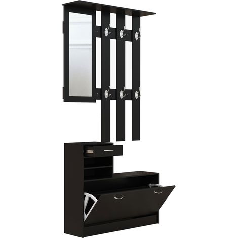 Homcom – Ensemble de meubles d'entrée 3 pièces – Panneau porte-manteau avec miroir – Meuble à chaussures noir – Dimensions 90L x 24l x 75H cm