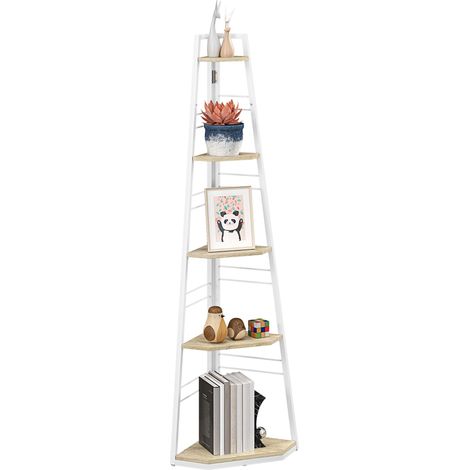 Bibliothèque d'angle à 5 étagères avec cadre pliable et pieds réglables, couleur bois pour rangement de livres, documents et objets décoratifs idéal pour salon, chambre à coucher ou bureau