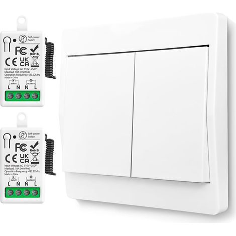 Jeu d'interrupteurs lumineux 230V, Interrupteur sans fil sans batterie, MINI Interrupteur mural étanche sans fil, Portée jusqu'à 150m, Interrupteur sans fil pour luminaires 110-250V 10A 1200W (1/5)