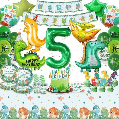 Set de vaisselle de fête d'anniversaire dinosaure vert - Décoration d'anniversaire d'enfant 5 ans pour garçons et filles avec assiettes en carton, serviettes, ballons, tasses, bannières pour jungle (1/5)