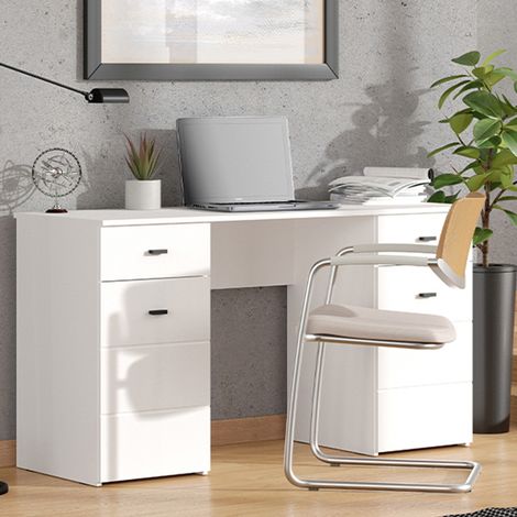 Scrivania Ziro, 2 Cassetti, 3 Ripiani, 2 Ante, 140x50x77h cm Bianco Opaco (1/5)