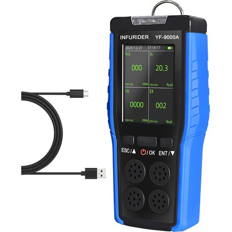 Détecteurs de gaz, Moniteur 4 Gaz pour, CO, O2, LEL, EX, 0-30% VOL Analyseur de Gaz, 0-1000PPM, 0-100% LEL, Alarmes Visuelles, Vibrantes et Sonores (1/5)