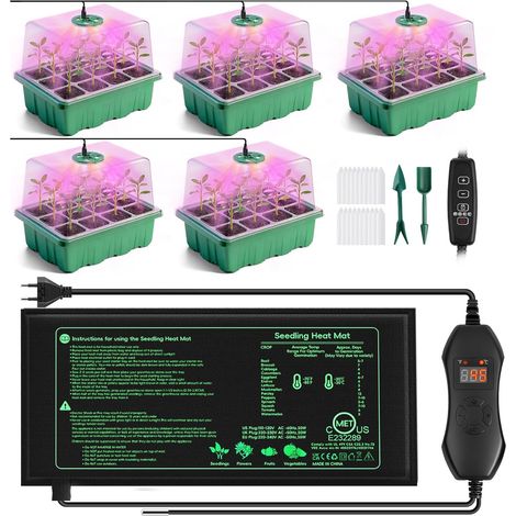 Mini Serre avec Lampe pour Plantes Tapis Chauffant, 5 Pièces Mini Serre pour Semis avec Thermostat Luminosité Réglable, Serre épaissie avec Couvercle et Ventilation