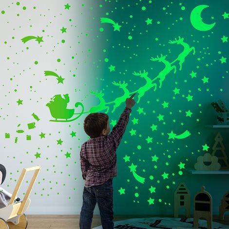 Adesivi natalizi 3D che si illuminano al buio - adesivi con disegni animati di cervi e carrozze - adesivi fluorescenti con stelle e meteore (1/4)