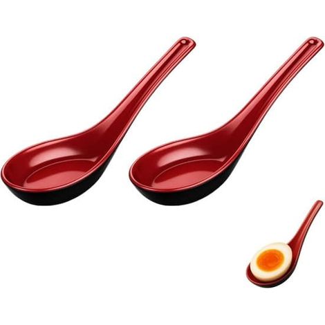 Lot de 2 cuillères à soupe noires, cuillères à riz, cuillères à wonton chinoises, idéales pour les ramen, le pho et les raviolis wonton. Modèle ovale avec crochet.