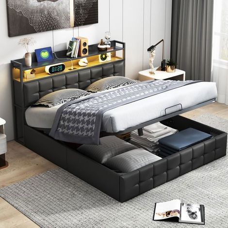 Bett 140x200 cm - 231213GY - USB - LED - PU - Doppelbettrahmen 140x200 cm - Schwarz