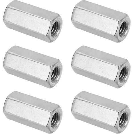 Ecrou Long M10 x 1.5 de Pas Écrou Hexagonal en Acier Inoxydable 304, 6Pcs 35mm/ 1.4" Longueur Raccords de Tige Filetés Grossiers, Écrous de Couplage, Ton Argent (1/5)