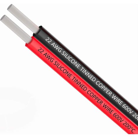 22 awg Silicone Fil électrique 10 mètres Noir 5 m Rouge 5 m Ligne de câble parallèle à 2 conducteurs Flexible Raccordement de calibre 22 Brins sans oxygène Brins Fil de cuivre étamé (1/5)