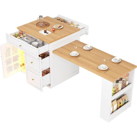 Îlot de cuisine extensible avec tiroirs, éclairage LED RGB et vitrine en verre, plan de travail de 122,5 à 195,5 cm, blanc (1/5)
