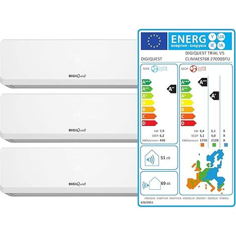 Kit TRIAL Climatizzatore Digiquest Inverter serie V5 9+9+12 BTU R-32 Wi-Fi Classe A++/A+ I FEEL Timer Funzione TURBOFlusso d'aria 3D Auto Restart Modalità NotteSEER 6,2SCOP 5,1 (1/5)