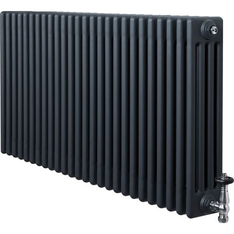 Radiador Horizontal 4 Columnas Gris Antracita 600x1190 mm con Válvulas Termostáticas – Radiador Tradicional de Acero, 1512W, Calefacción Eficiente Incluye Soportes, Kit y Cepillo – Garantía 15 Años