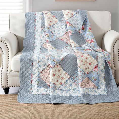 Dessus de Lits 150x200cm,Couvre Lit 1 Personne Matériau 100% Coton Doux et Confortable,Couverture en Patchwork Motif Floral Bleu, Couvre Lit Véritable Patchwork pour Toutes Les Saisons (1/5)