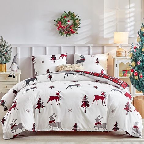 Housse de Couette Noël 240 x 260 avec 2 Taies d'oreiller 65x65 - Motif de Petit Cerf Rouge pour Noël - Parure de lit 240 x 260 avec Fermetures éclair, Rouge et Blanc - 240x260cm + 65x65cm2 (1/5)