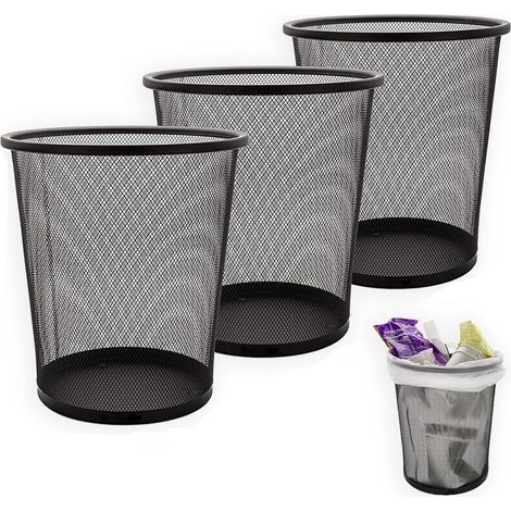 3er-Set Abfalleimer, 12 l, Metallgitter, Büro-Mülleimer, kleiner Abfalleimer für Küche, Schlafzimmer, Badezimmer – 26,5 x 23,5 x 18,8 cm – Schwarz