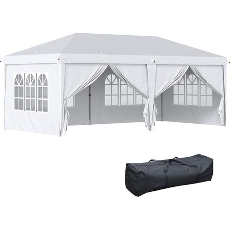 Pavillon 5,85 x 2,95 m, pavillon de jardin pliable avec protection UV, tente de réception avec parois latérales et fenêtres, portes zippées, acier, blanc