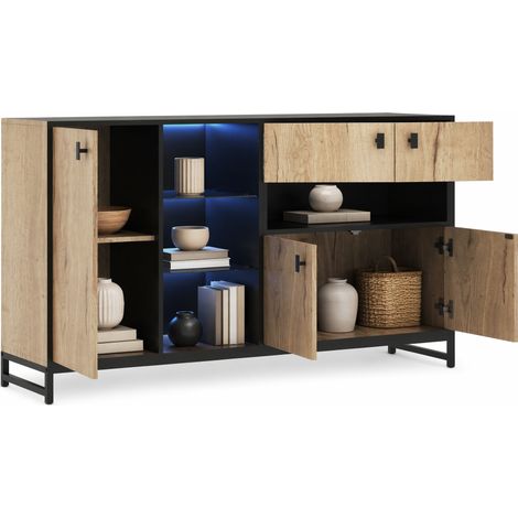 Meuble de rangement avec portes, niche ouverte et étagères en verre, bois clair et métal noir, pour salon, bureau ou salle à manger – CHICFURN (1/5)