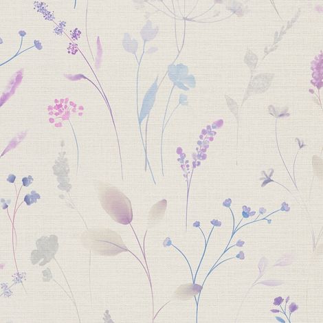 Empapelado estilo country Profhome 791702 papel pintado vinílico estampado en caliente tejido non tejido ligeramente texturado con ornamentos florales mate blanco blanco-crema azul violeta gris 5,33 m