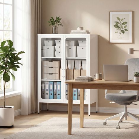 Armoire de bureau avec 2 portes en verre. 2 étagères réglables. meuble de rangement bureau en acier. 80x40x110cm. blanc