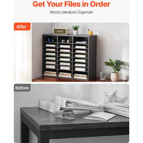 Organiseur de littérature avec 24 compartiments, boîte aux lettres de bureau en bois, panneau de particules, avec étagères amovibles, trieur de fichiers pour dossiers, documents, papiers, gris (1/5)