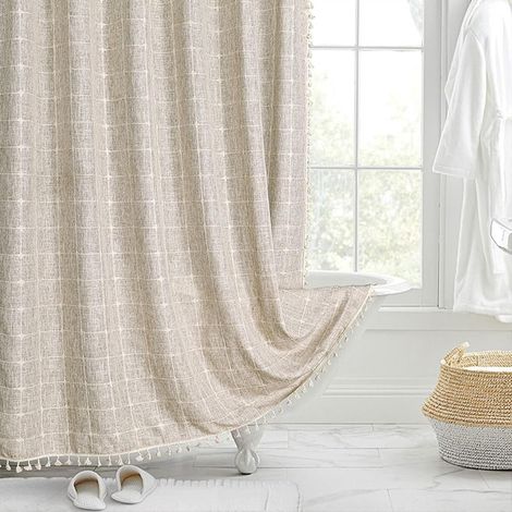 JSSEVN - Cortina de ducha con ojales, 180 cm de ancho x 200 cm de alto, color beige liso con borla, ganchos de lino para cortina de ducha. (1/4)