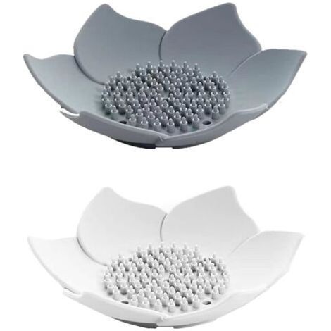 Two floral patterned soap dishes and soap holders with drainer, made of silicone. (1/5)