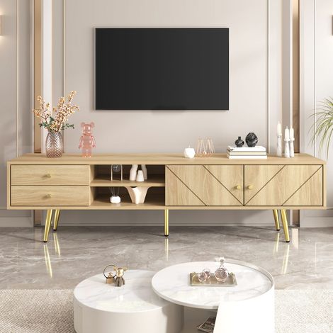 Meuble tv 160 cm avec pieds dorés, 2 tiroirs et portes au design élégant pour salon moderne (1/5)