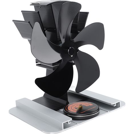 Ventilateur de poêle à bois vertical à 5 pales en alliage d'aluminium, alimenté par la chaleur, avec thermomètre intégré, pour poêle à pétrole et poêle à bois (noir). (1/5)