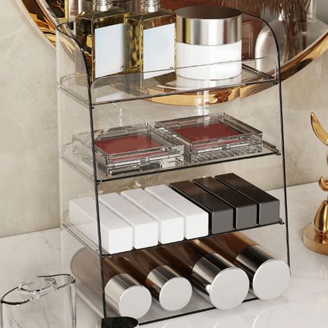 Présentoir de maquillage de bureau multifonctionnel à plusieurs niveaux, gain de place, pour salle de bain, étagère transparente pour flacons de maquillage, de soins de la peau et de parfum (1/5)