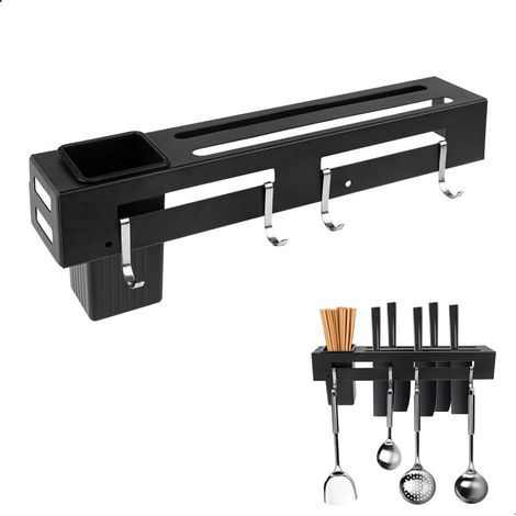 Küchenorganizer mit Messerhalter, Besteckbox & Haken, Schwarz (1/4)