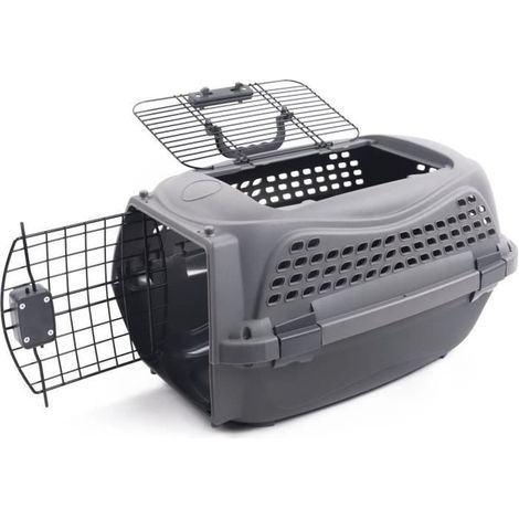Caisse de transport pour chat – Cage en plastique légère et solide – Facile à nettoyer – Taille M – Gris – M Pets
