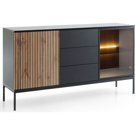 Emporius Commode avec tiroirs Haller - 2 portes, lamelles, éclairage LED, style loft - Wotan + Noir (1/5)