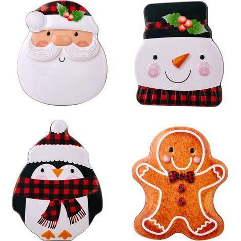 4pcs Boîte à biscuits bonhomme en pain d'épice, boîte à bonbons du père noël, boîte en fer blanc bonhomme de neige de dessin animé, boîte cadeau-Chrom (1/5)
