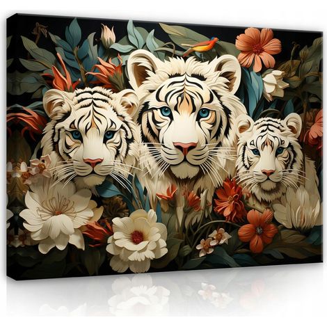 Peinture tigre fleurs animaux sur toile Murale pour chambre salon 100x70 (1/3)
