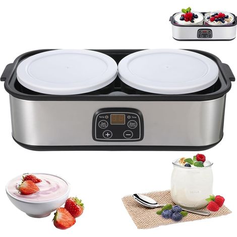 Automatic Yoghurt Machine, 2L Adjustable Temperature & Timer, Electric Yoghurt Maker with LED Display and 2 Glass Containers, Ideal for Preparing Organic Yogurt, Dairy Products, Cheese, Natto (1/5)