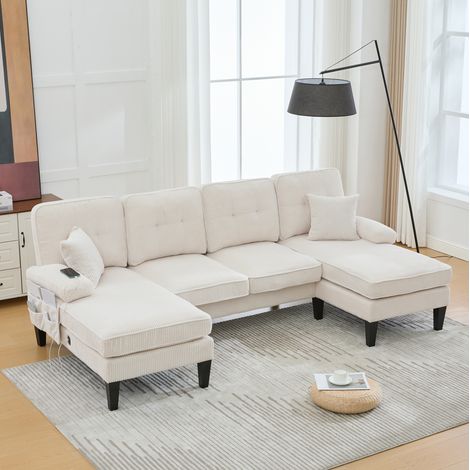 U-förmiges 4-Sitzer Sofa 250x130x88 cm Beige Leinenstoff mit 2 Chaiselongues und USB/Type-C