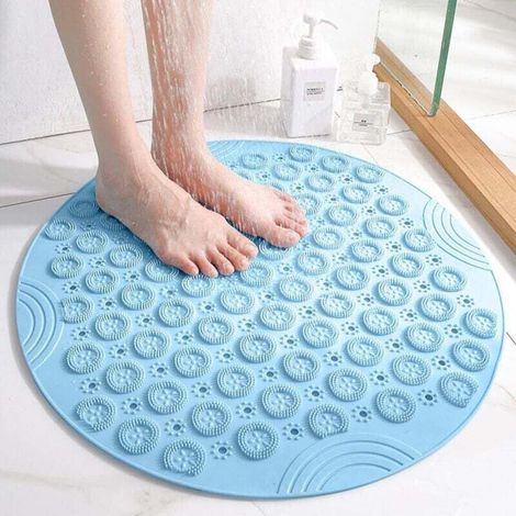 Tapis de bain de massage rond TEP Antidérapant Antibactérien et résistant à la moisissure Lavable en machine Avec trous de drainage et ventouses 55 x 55 cm Bleu (1/4)