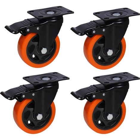 4" Casters Wheels with Brake 4 Set 2200 Lbs Heavy Duty Orange Polyurethane Industrial Casters  Roulettes à Frein Lot de 4 10,16 cm 997,9 kg Roulettes Polyuréthane Orange pour Ateliers (1/5)