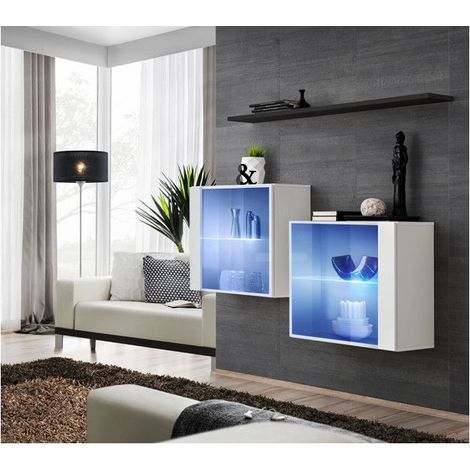 Ensemble meuble TV mural  - Switch SB III - 130 cm  x 110 cm x 30 cm  - Blanc et noir - Livraison gratuite