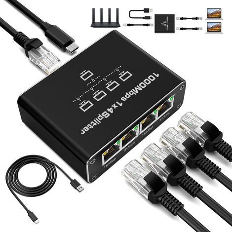 RENGOGA Switch Ethernet RJ45 a 4 porte, 1000 Mbps, splitter per cavi RJ45 da 1 a 4 per computer, switch, router, decoder e TV. (1/5)