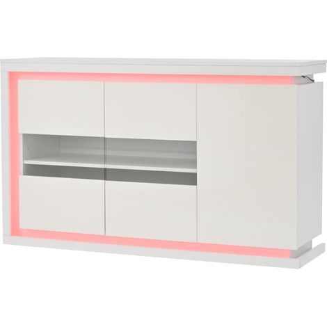 Buffet moderne 140x40x84 cm avec portes vitrées trempées, éclairage LED contrôlé à distance, façade blanche laquée brillante (1/5)