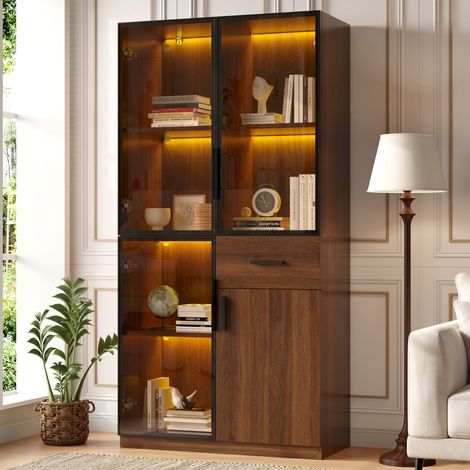 Vitrine haute pour salon et salle à manger 80x35x160 cm en MDF et verre, 4 portes vitrées, éclairage LED, 1 tiroir, anti-basculement - Naturel (1/5)