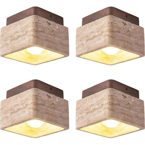 4pcs Plafonnier Vintage,Lampe de Plafond Moderne en Travertin Jaune Naturel Lustre Bois Abat-jour en Carre,1212cm (1/5)