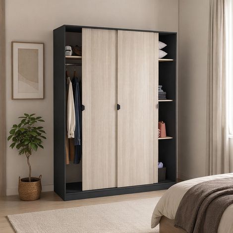 Kleiderschrank 3 Türen Senales, Schlafzimmer Schrank 4 Regale, 50x150 cm Schwarz (1/5)