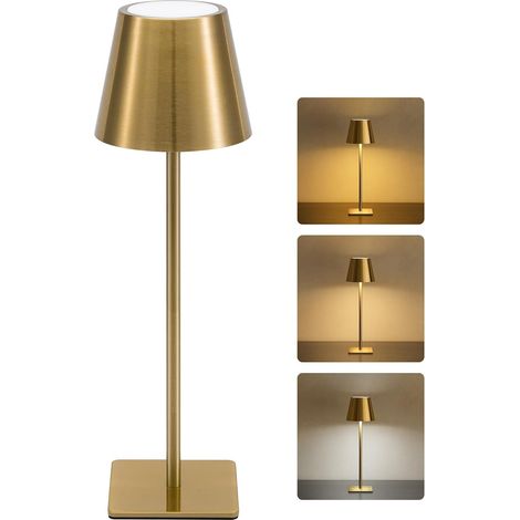 Lámpara de mesa inalámbrica de oro cepillado, recargable e impermeable, con 3 temperaturas de color y atenuación continua, portátil para oficina, comedor, cafetería y exteriores. (1/5)