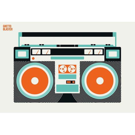 Papier peint panoramique rétro motif radio Tapisserie panoramique original salon Papier peint panoramique graphique orange, bleu & noir chambre (1/2)