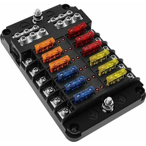 6/12 Voies Boîte Fusibles 12V, Porte Fusible Blocs Fusible Lame avec 16 Fusibles LED Couvercle de Protection pour 12V/24V Voiture Automobile Bateau Marine Camion SUV (12 Voies)